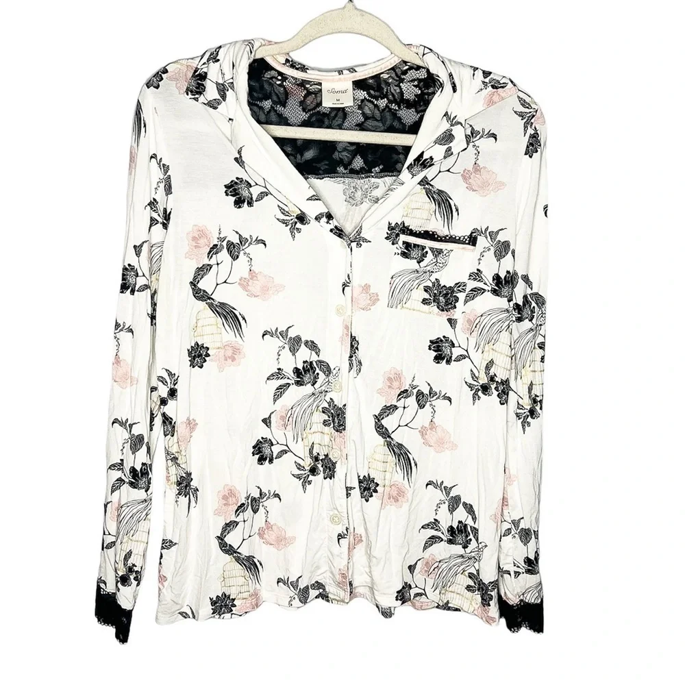 Soma Signature Lace Long Sleeve Notch Collar Pajama Top Majestic Birds Medium - Picture 2 of 8